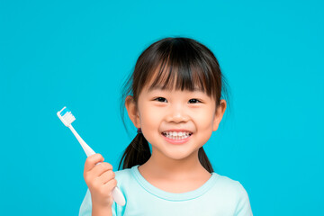 Wall Mural - smiling kid with white healthy teeth holding a toothbrush on blue background, children's dental care