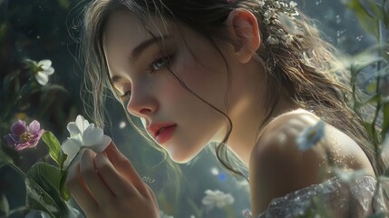 Poster - A woman is shown holding a flower in her hand.