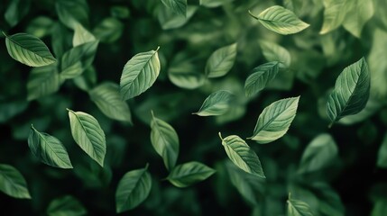 Poster - A bunch of green leaves floating through the air.