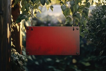 Aufkleber - A bright red sign hanging from a tree branch in a lush green garden, surrounded by flowers and foliage.