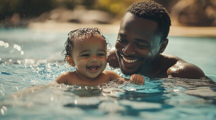 Sticker - A boy and his father or guardian enjoying time together in a swimming pool.