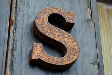 Poster - A close-up shot of a metal letter S on a wooden door, perfect for use in designs and compositions that require a unique texture and aesthetic.