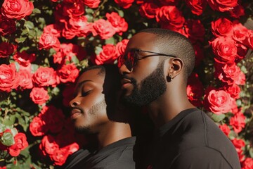 Sticker - A couple stands together, surrounded by a vibrant display of red roses.