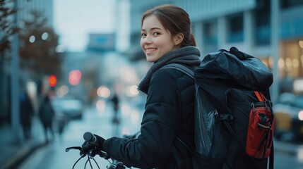 Poster - A woman cycling on a urban road, suitable for travel, transportation or lifestyle images.