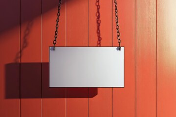 Canvas Print - A white sign hangs from a chain on a red wall, ready to be read.