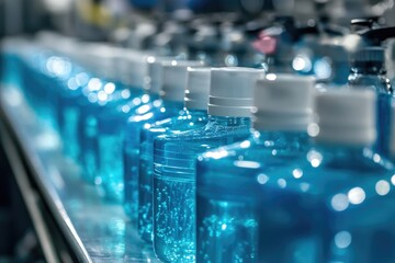 Poster - Row of blue water bottles on a conveyor belt.
