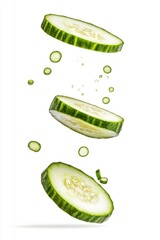 Poster - Fresh cucumber slices falling from above, great for food and kitchen illustrations.