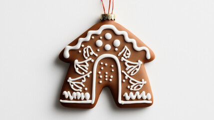 Poster - Gingerbread house-shaped Christmas ornament decorated with white icing patterns and hung by a red string against a light background.