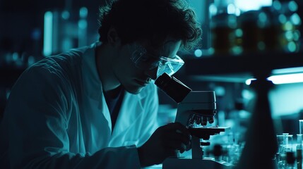 Poster - A scientist in a lab coat looks at a sample under a microscope, for use in medical or science illustrations.