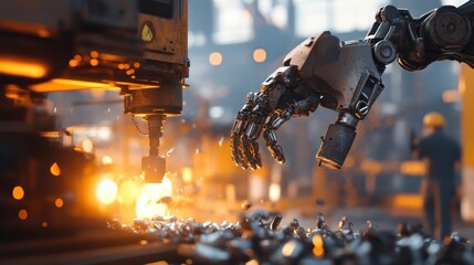 Poster - A robotic arm interacts with machinery in a factory, highlighting industrial automation.