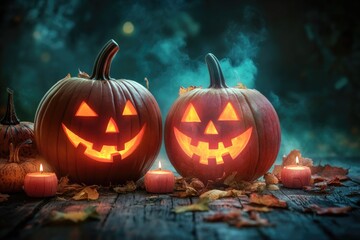 Poster - Two carved pumpkins sit side by side on a table, perfect for autumn decor or Halloween parties.