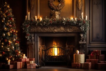 Canvas Print - Christmas decoration room fireplace christmas hearth.