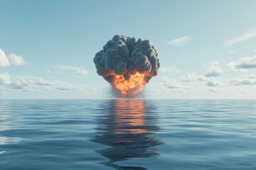 Aufkleber - Explosion of smoke rising out of the ocean, with a fiery cloud and water splashes.