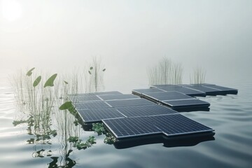Poster - A group of solar panels floating on the surface of a body of water, providing clean energy.