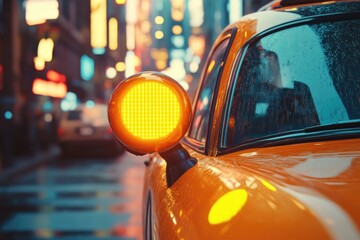 Poster - A taxi cab parked by the road with its yellow light on, suitable for use in urban scenes or as a symbol of transportation.