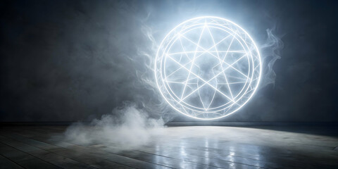 Poster - Mystical Neon Pentagram: A glowing neon pentagram casts an ethereal light against a backdrop of swirling smoke, creating a haunting yet captivating image.