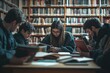 © Fotograf - A group of people sitting around a table in a quiet library, perfect for illustrations about learning, education or research.
