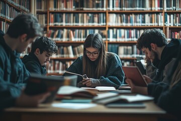 Poster - A group of people sitting around a table in a quiet library, perfect for illustrations about learning, education or research.