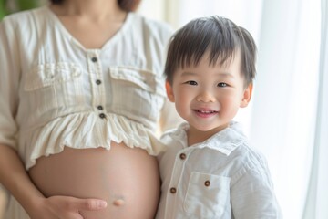 Poster - Pregnant mother belly portrait happy photo.