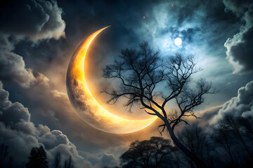 Sticker - Crescent Moon Night: A mystical crescent moon glows with an ethereal, golden light against a dramatic night sky, silhouetted by a lone, bare tree.