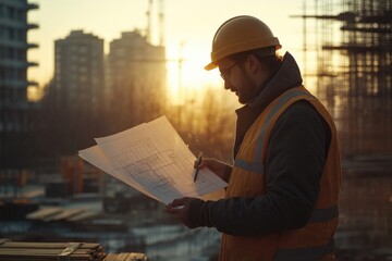Poster - A construction worker holds a blueprint and plans the next step of a building project.