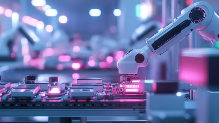 Poster - A robotic arm assembling electronic components in a high-tech manufacturing facility.