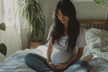 Sticker - Pregnant asian woman touching her belly while sitting on her bed furniture cross-legged anticipation.