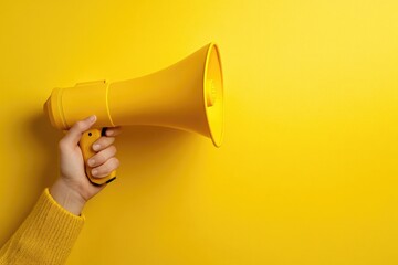 Poster - A person holds a yellow megaphone against a bright yellow wall, perfect for promotion and communication.