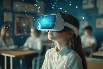 Poster - A girl studying with a virtual reality headset in a classroom setting.