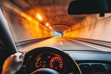 Poster - A person drives their vehicle through a dark and narrow tunnel.