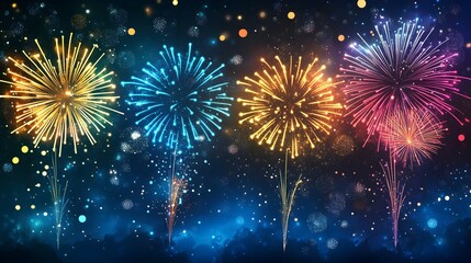 Poster - Vibrant and Dazzling Fireworks Bursting in Brilliant Colors and Illuminating the Night Sky Marking the Joyous of the New Year 2025