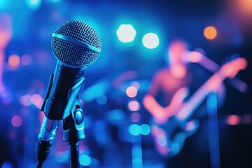 Poster - A microphone stands ready on its pedestal before a live band performance.