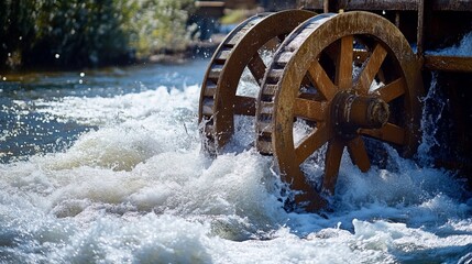 Wall Mural - waterwheel turning in a river, creating splashes and foam.