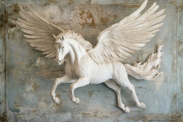 Poster - A statue of a winged horse mounted on a wall, ideal for decorating a room or office.