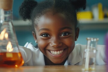 Poster - A happy young girl admires a flask, possibly filled with her favorite drink.