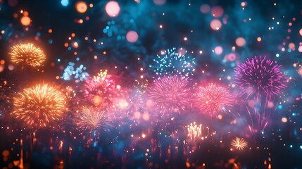 Poster - Stunning neon themed fireworks display with bright vibrant colors and futuristic lighting effects creating a bold exhilarating for the New Year s Eve festivities