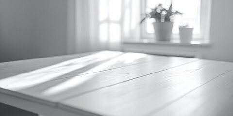 Poster - A wooden table with a potted plant sitting on top, ideal for office or home decor.