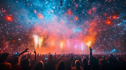 Poster - Spectacular fireworks display with colorful explosions lighting up the night sky as a large crowd cheers and welcomes the new year with excitement and enthusiasm
