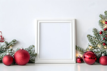 Wall Mural - Festive empty frame for wall art mockup, with Christmas decorations featuring red ornaments and evergreen branches on a clean white background