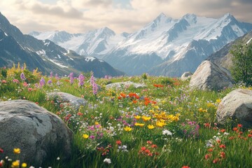 Wall Mural - A vibrant wildflower field with majestic mountains as the backdrop, perfect for travel or outdoor adventure visuals.