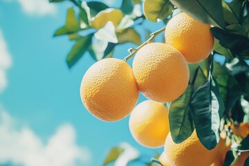 Poster - A bunch of oranges hang from a tree branch in a natural setting.