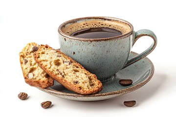 Poster - A small cup of coffee accompanied by a single biscuit on a saucer, perfect for a cozy morning or afternoon pick-me-up.