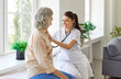 © Studio Romantic - Young woman nurse or doctor stethoscope examining old senior patient, GP checking heartbeat at hospital checkup medical visit at clinic, older people cardiology healthcare, appointment for grandma