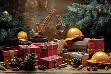 Construction Christmas: festive gifts and work tools under pine branches with toy crane and hard hats.