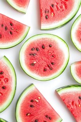 Sticker - Fresh watermelon slices arranged on a clean white surface, perfect for food photography and advertising.