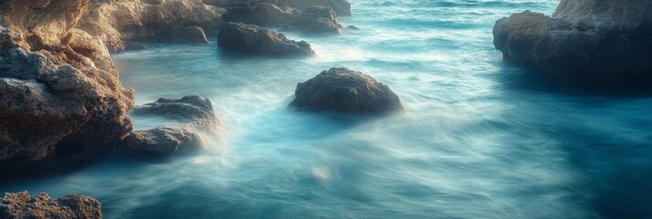 Coastal Serenity, jagged rocks meet softly rolling waves, a tranquil scene of nature's rugged beauty and rhythmic harmony