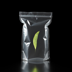 Transparent plastic bag, resealable, green leaf,