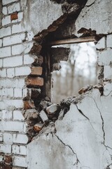 Poster - A worn-out brick wall with a hole, perfect for various concepts.