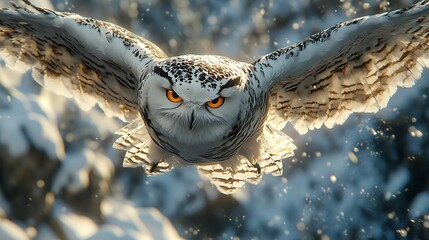 Wall Mural - Snowy owl with intense stare flying through snowy landscape.