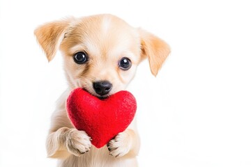 Poster - A small dog holds a red heart in its paws, perfect for Valentine's Day or animal-themed designs.